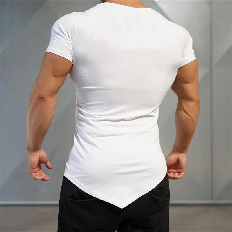 Couleur unie à manches courtes coupe ajustée col en v chemises gymnase musculation Fitness Muscle T-