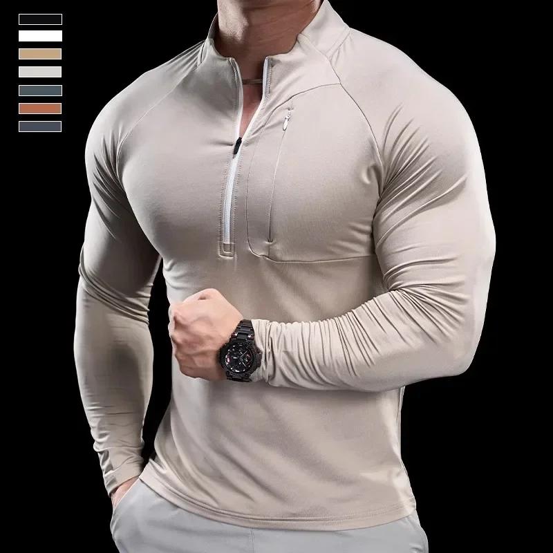 T-shirt à manches longues et col rond pour homme, vêtement de sport, de gymnastique, de course, d'en