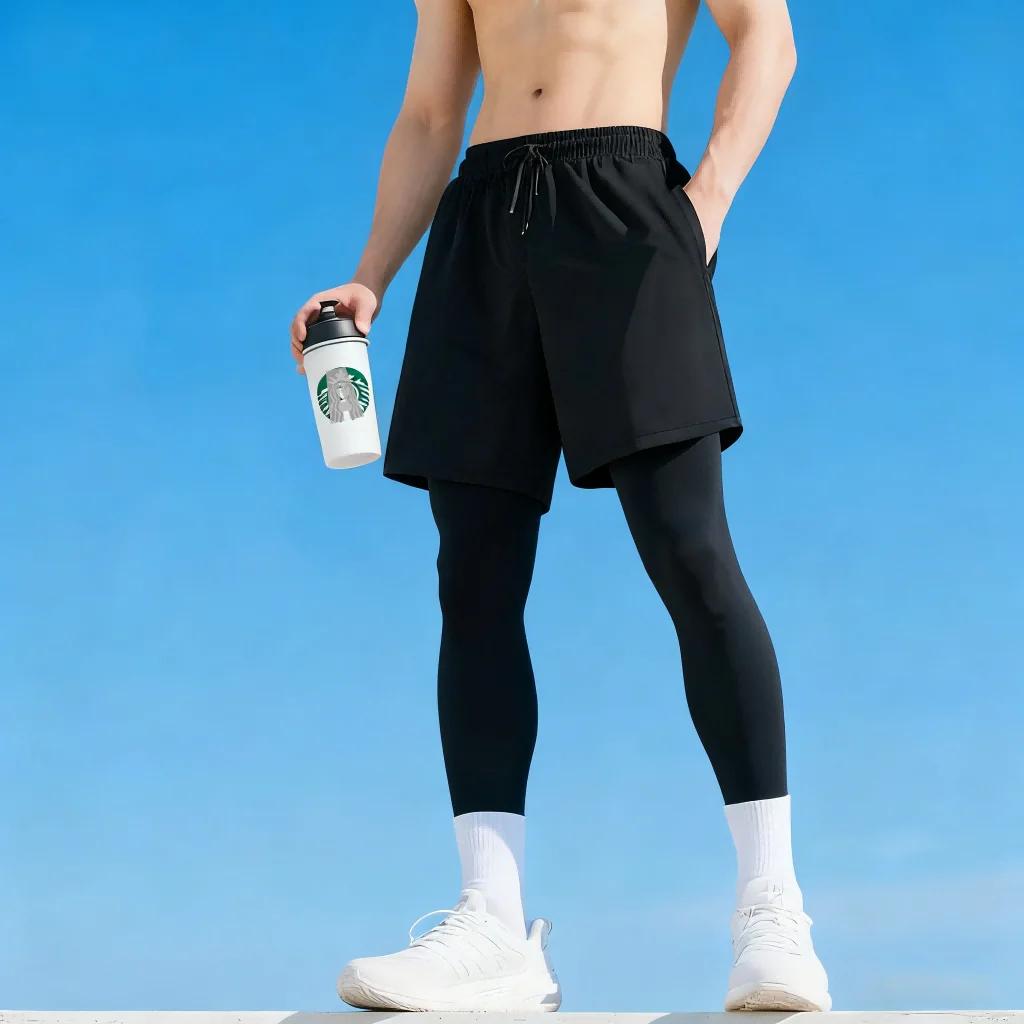 Pantalons de Compression pour hommes avec short, Leggings d'entraînement de course à pied, haute éla