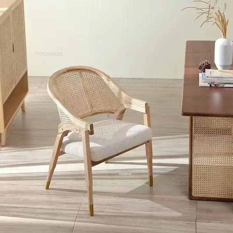 Chaises de salle à manger rétro nordiques, meubles de maison en bois massif et rotin, chaise de lois