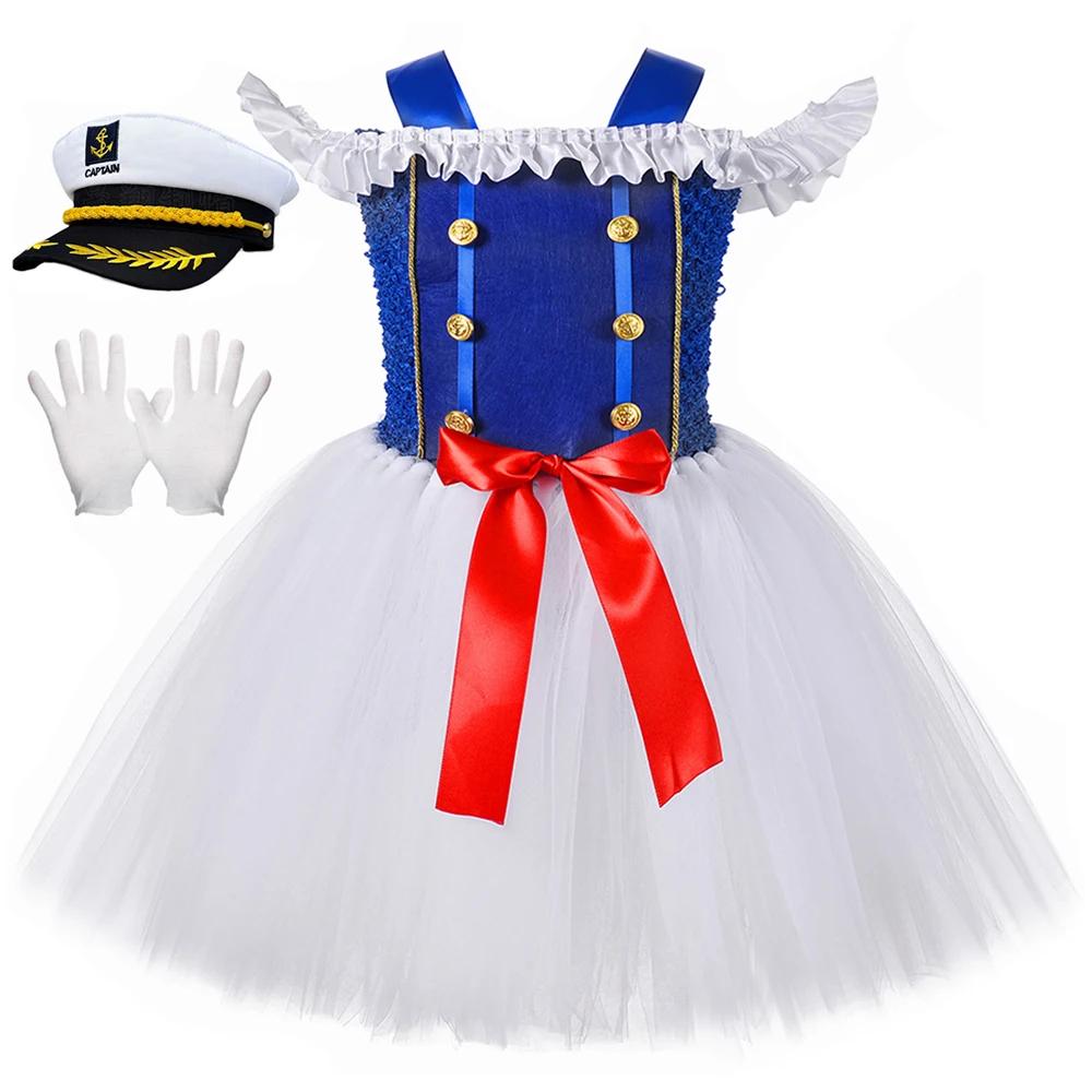 Costume de marin d'officier de capitaine de la marine pour filles, robe de princesse Tutu en Tulle b