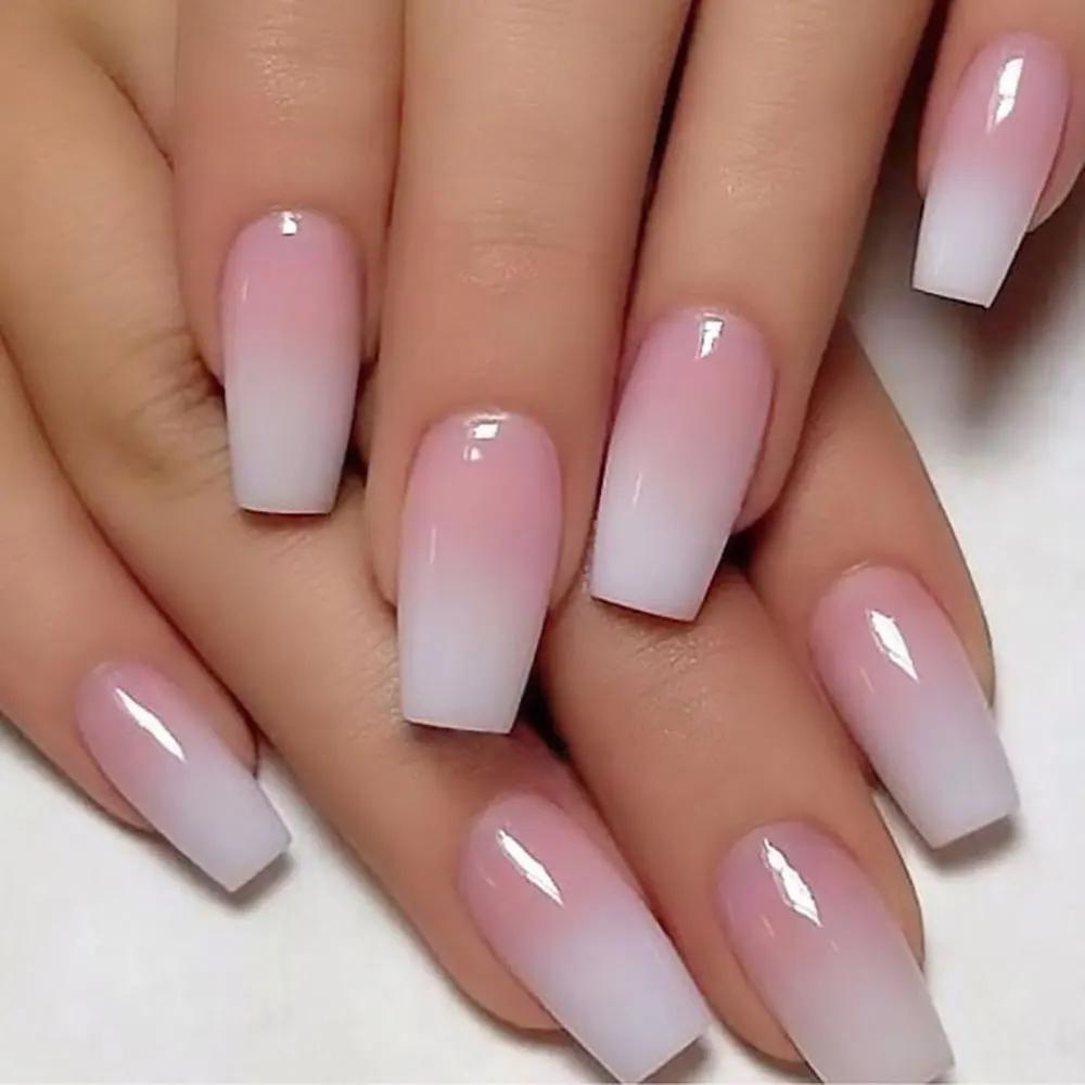 120 pièces rose Ombre moyen cercueil presse sur ongles brillant à la main acrylique faux ongles cons