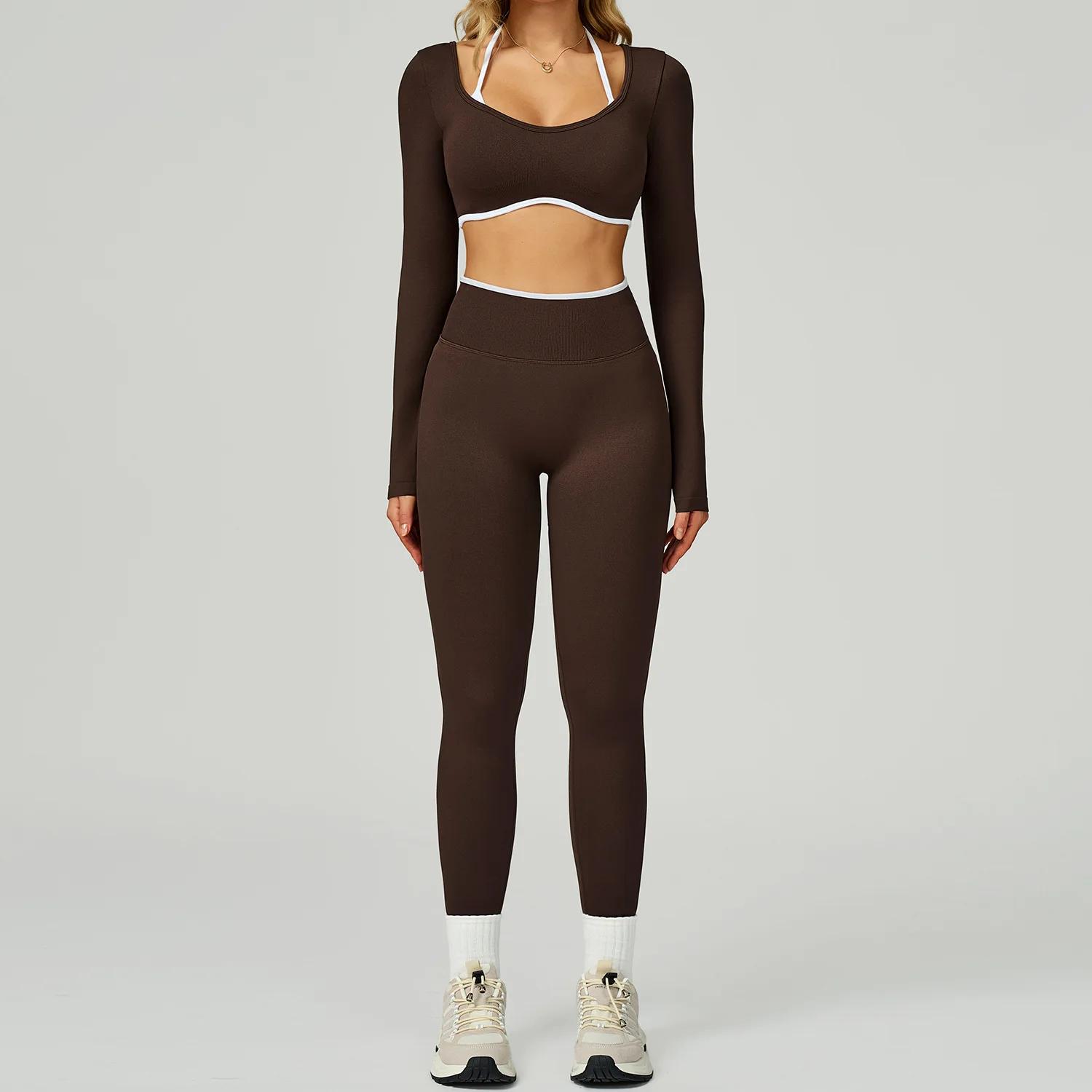 Ensemble de yoga 2 pièces sans couture pour femme, tenue de sport sexy à manches longues et crop top
