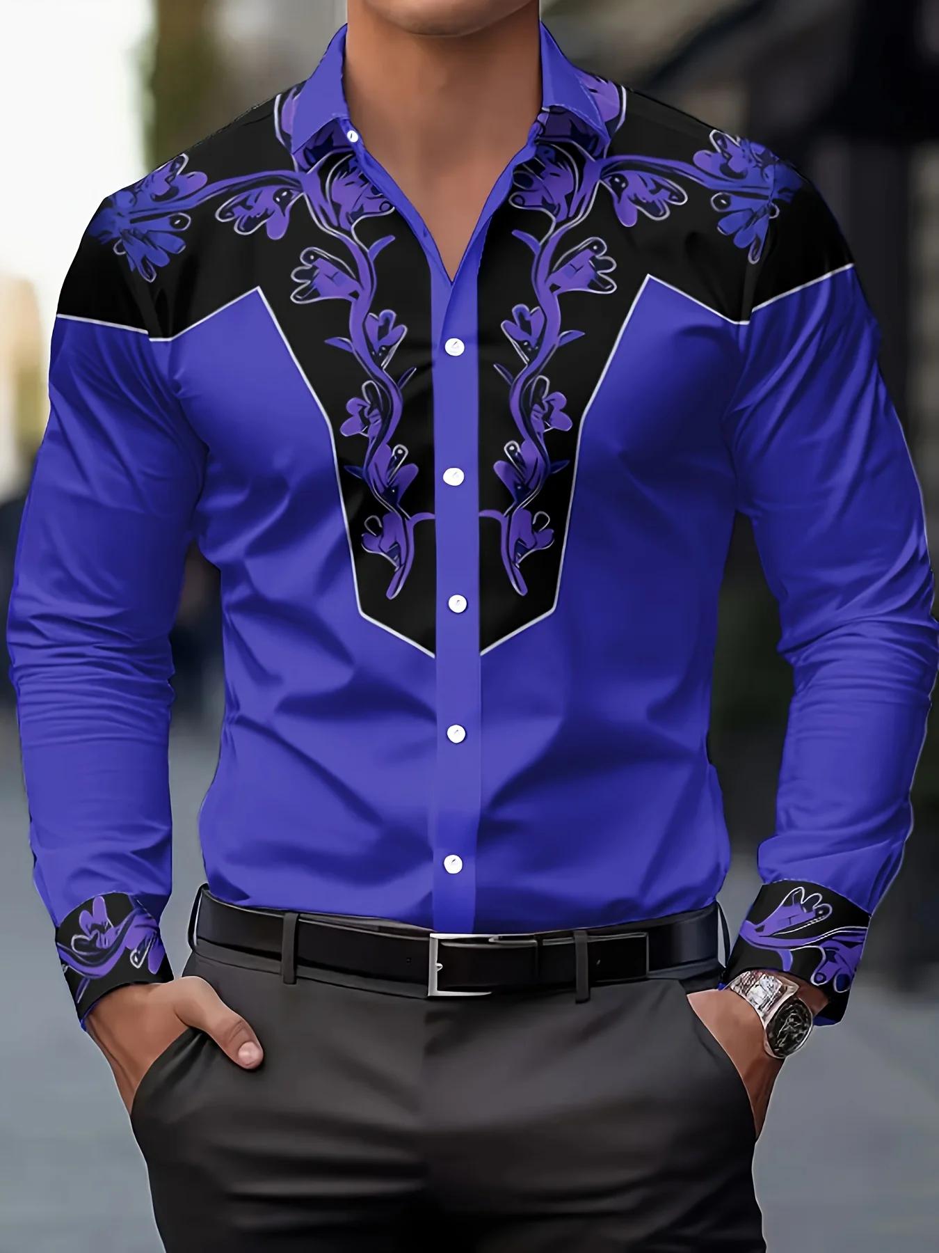 2025 Chemise à manches longues à imprimé floral pour hommes Décontracté Slim Fit Streetwear Chemise