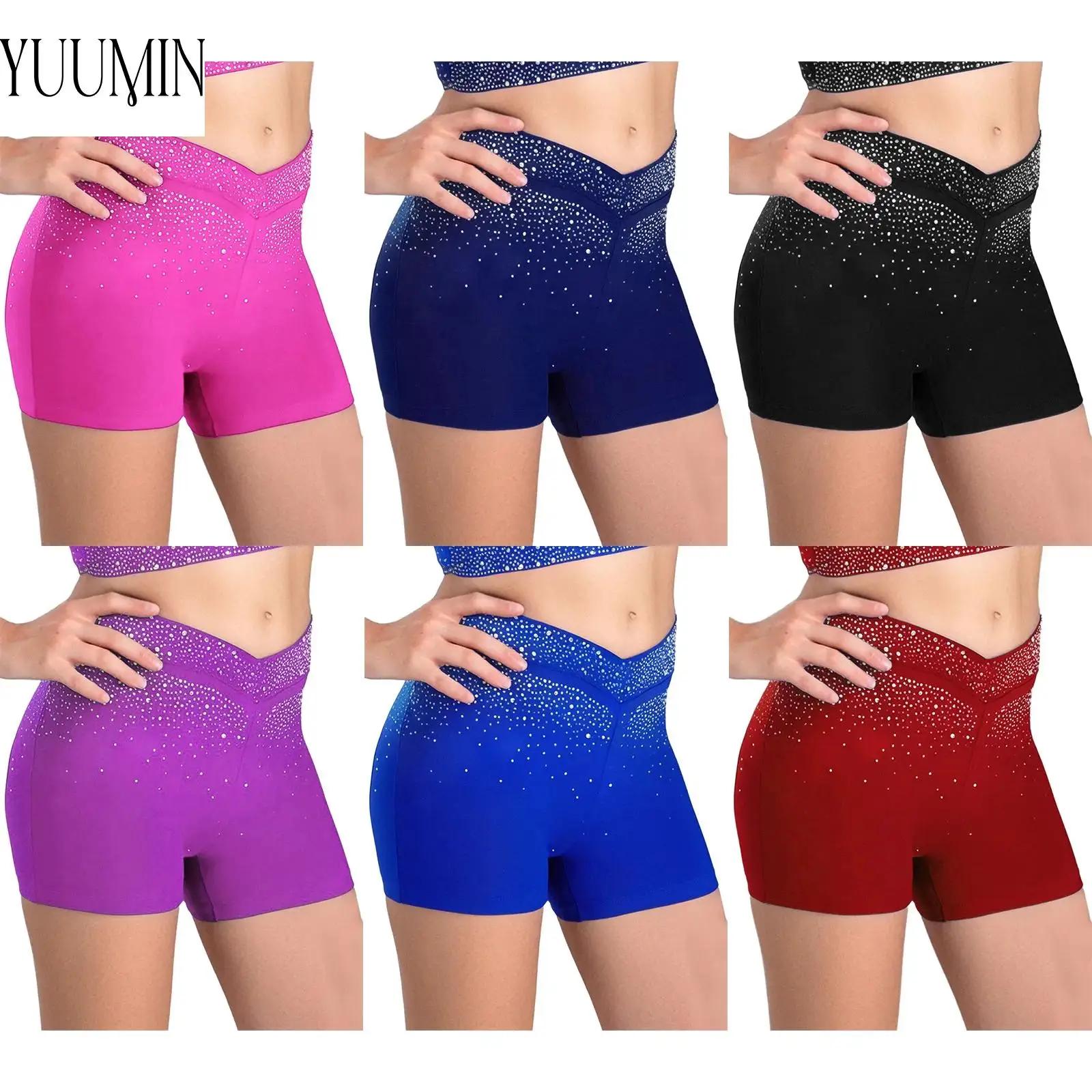 Short à ceinture élastique pour filles, strass scintillants, devant en V, pour patinage artistique,