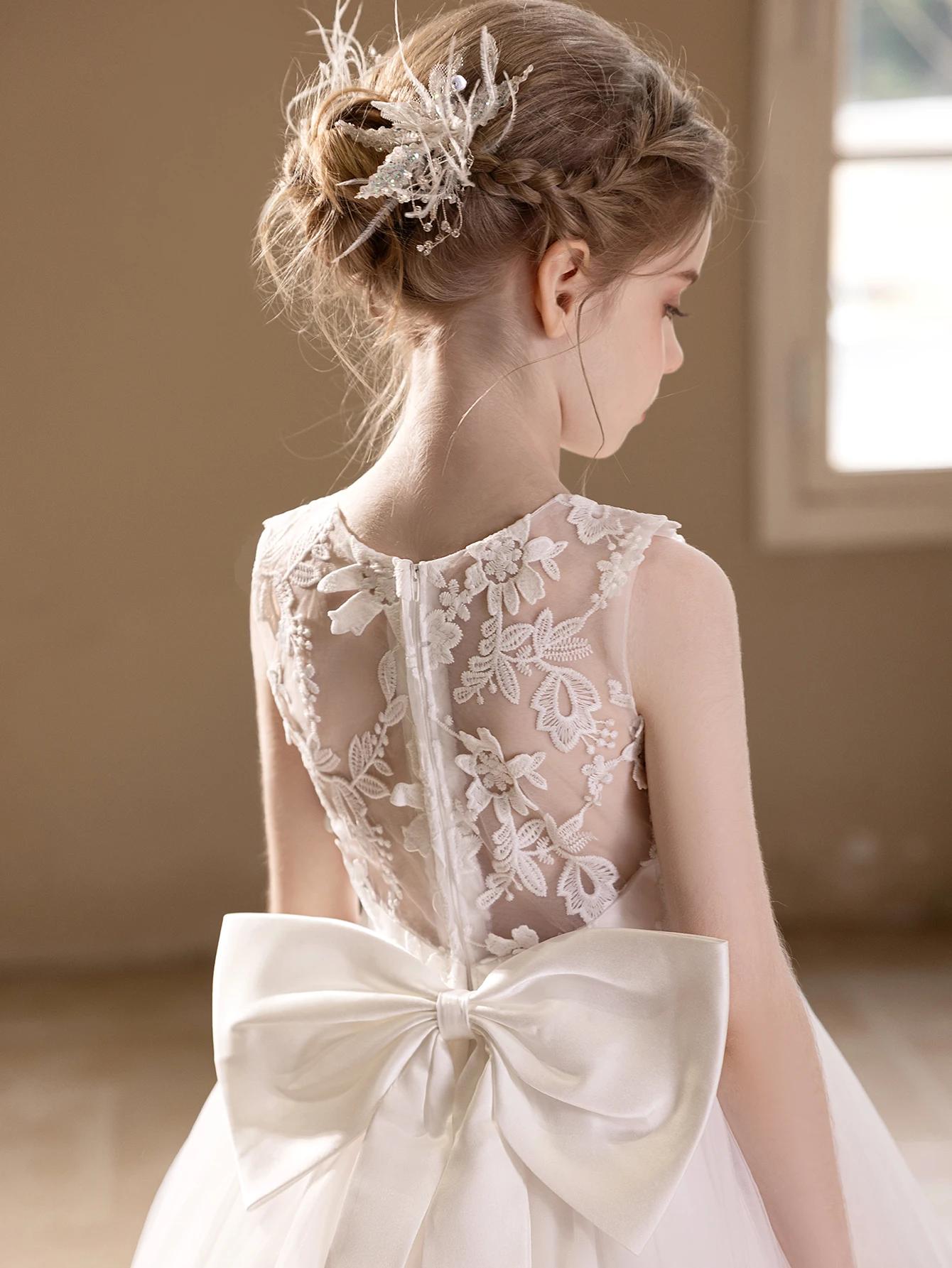 Robe de mariée en gaze blanche pour adolescentes, broderie en dentelle, grand nœud, robe de soirée g