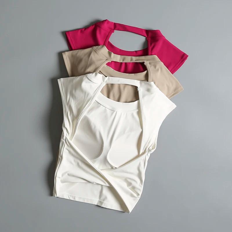 Costume de Yoga haut de sport pour femmes avec coussin de poitrine, T-shirt Sexy à manches courtes,