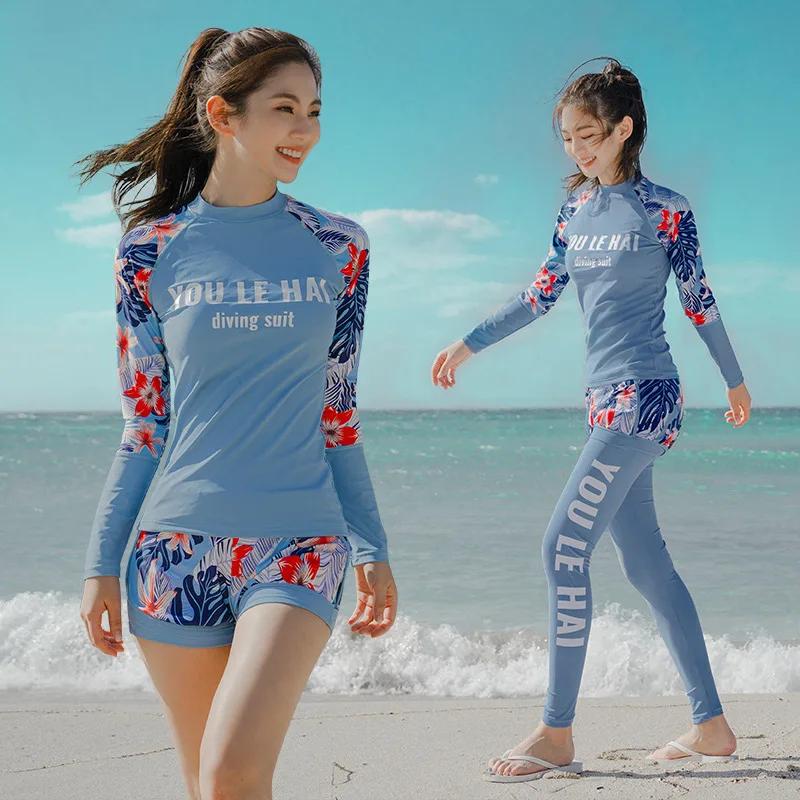 Rashguard imprimé à manches longues pour femmes, 3 pièces/ensemble, Protection solaire UV, chemise d