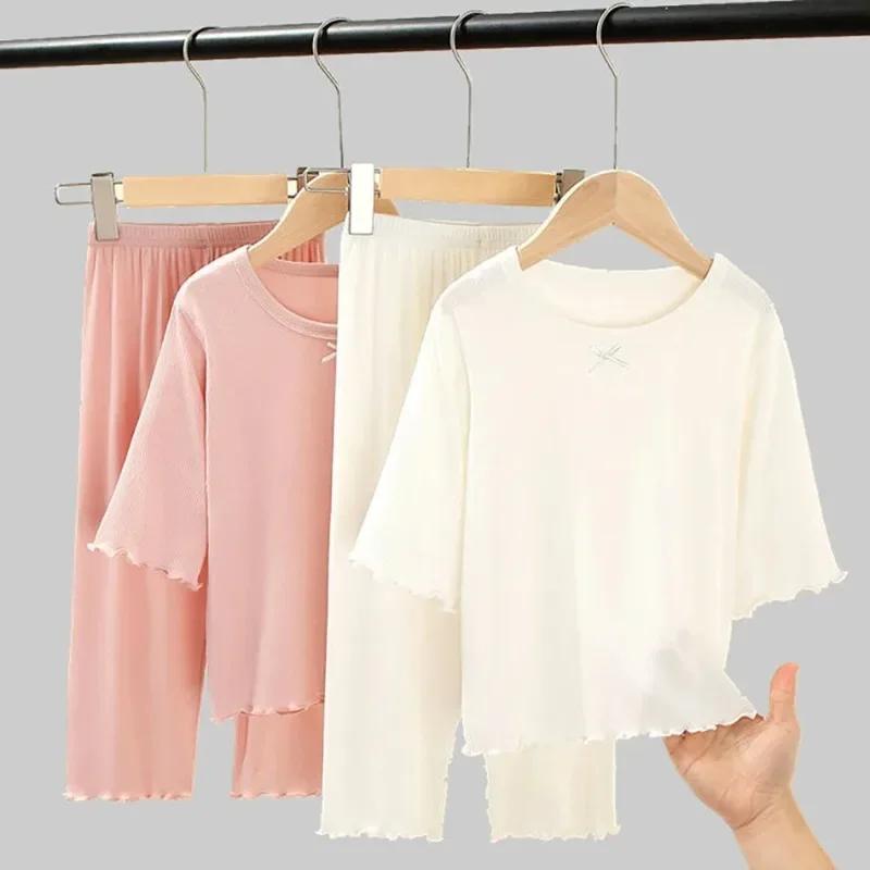 Ensemble de soie glacée pour filles, vêtements de maison fins pour enfants, vêtements d'été pour enf