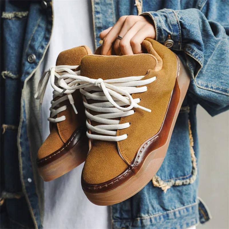 Chaussures de skateboard en cuir suédé pour hommes, baskets marron, chaussures à plateforme, chaussu