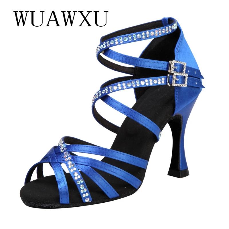 Nouveau Chaussures De danse latine incrustées De diamant Satin bleu 9cm talon haut femme adulte seme