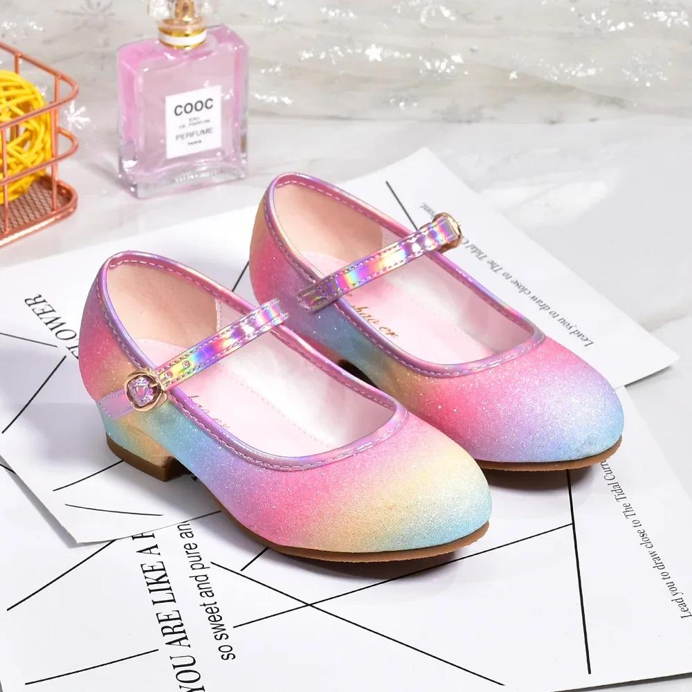 Chaussures de princesse pour filles, chaussures en cuir à paillettes arc-en-ciel, à la mode, pour en