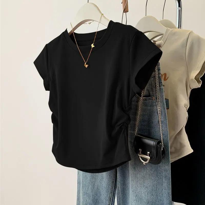 Haut d'été à manches courtes pour femmes, chemise de Base polyvalente, coupe cintrée, col rond, déco