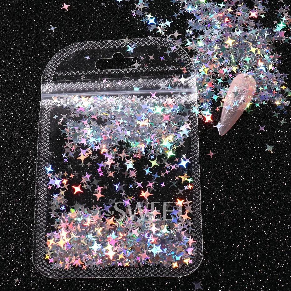 Paillettes holographiques pour ongles, étoile à quatre branches, Design Laser scintillant, breloque