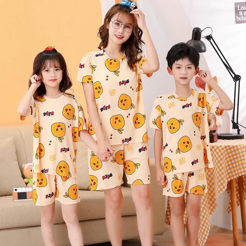 Pyjama d'été 2 pièces à manches courtes pour enfant, ensemble fin et mignon, neutre, parent-enfant,