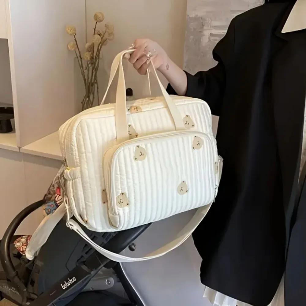 Sac à couches brodé en Nylon, Chic ours et tulipe, avec Clip de poussette, essentiels de voyage pour