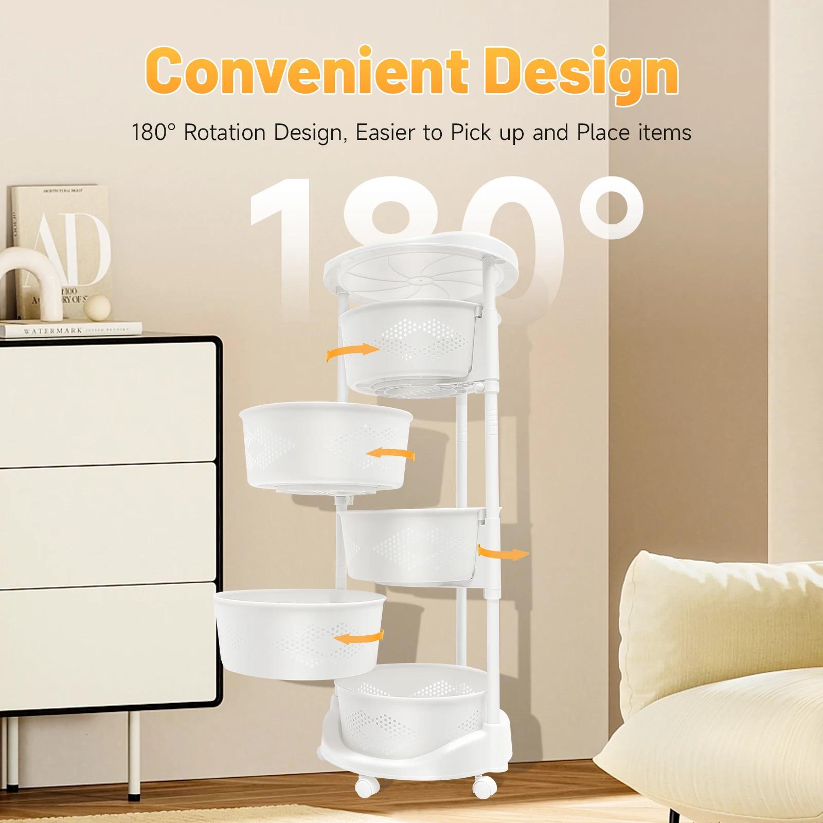 Mir de Rangement de Cuisine Multifonctionnel à 5 Niveaux, Blanc, Rotatif, à Roulettes, pour Légumes