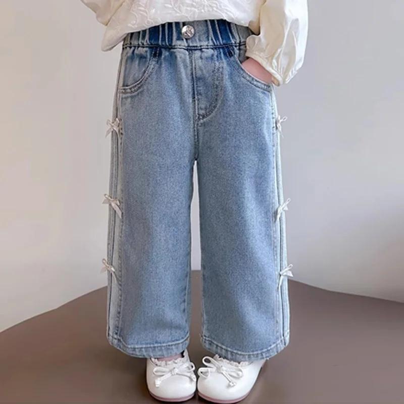 Jeans de printemps pour bébés filles, pantalon en denim à nœud pour enfants, pantalon droit à jambes