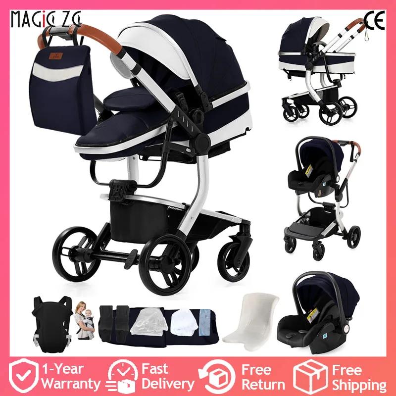 Poussette 3 en 1 en cuir PU pour bébé, avec mousqueton, siège de voiture, absorbant les chocs, imper