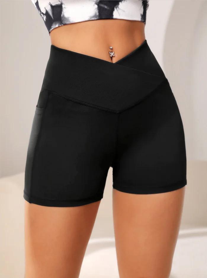Short motard yoga taille haute femme - Pantalon fitness avec poche croisée pour entraînement