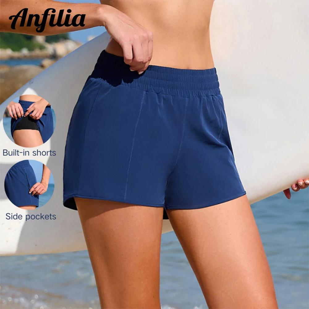 Anfilia – short de bain pour femmes, couleur unie, taille haute, haute élasticité, intégré avec poch