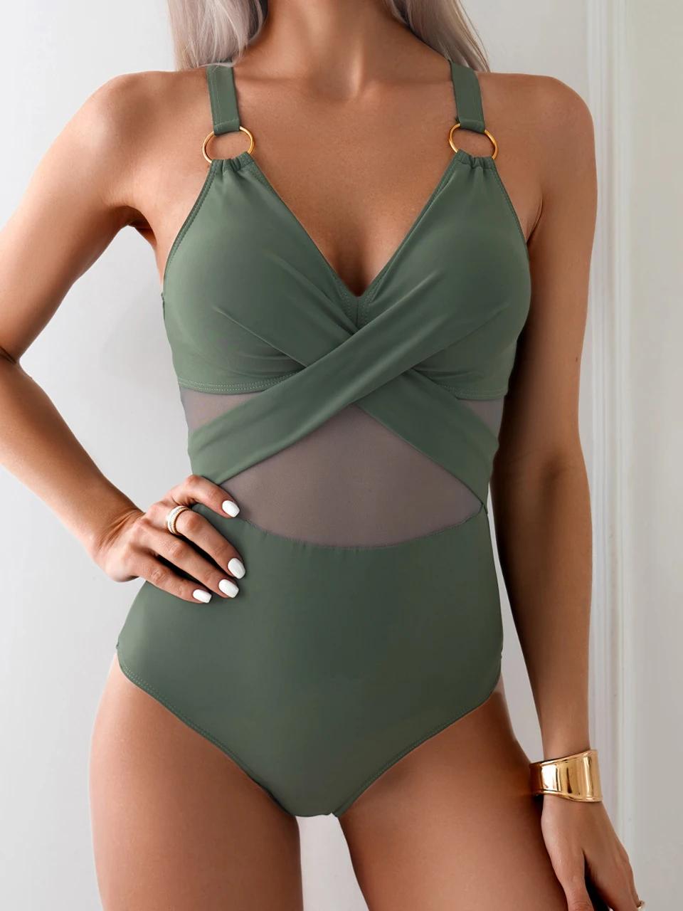 Maillot de bain une pièce plissé en maille pour femme 2026 avec anneau, sexy, pour la plage et l'été