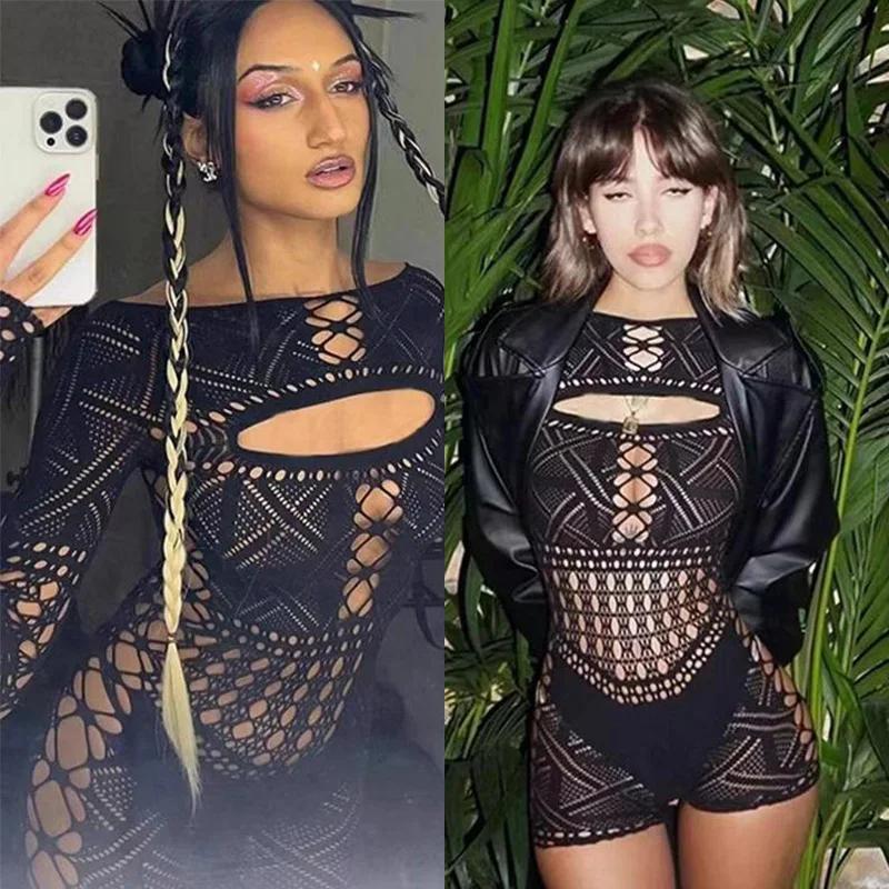 Robe de sexe combinaison avec dentelle serrée évidée et jupe sexy moulante aux hanches robes longues