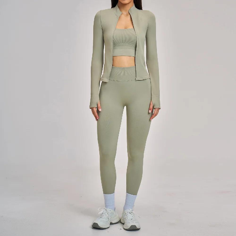 Ensemble de 3 pièces de vêtements de sport pour femmes, ensembles de survêtements de yoga sans coutu