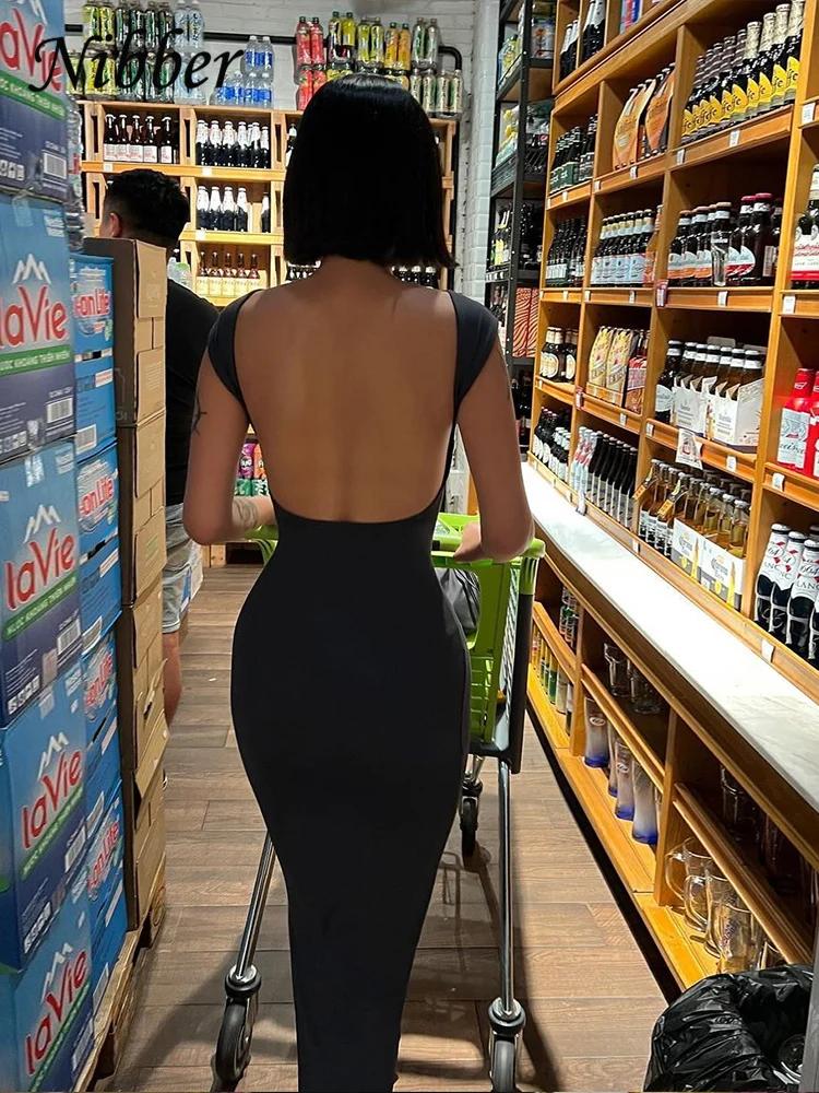 Nibber-Robe longue à manches courtes et dos nu pour femme, vêtement de couleur unie, sexy, élégant,