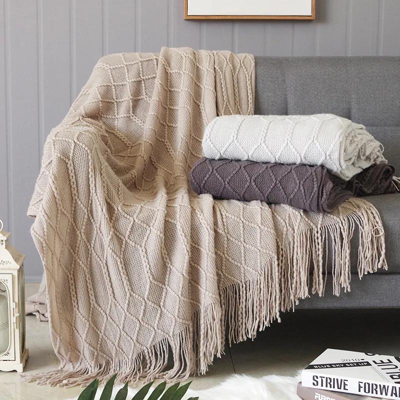 Couvertures tricotées nordiques avec glands, kaki crème gris, couvertures Vintage de luxe pour lit,