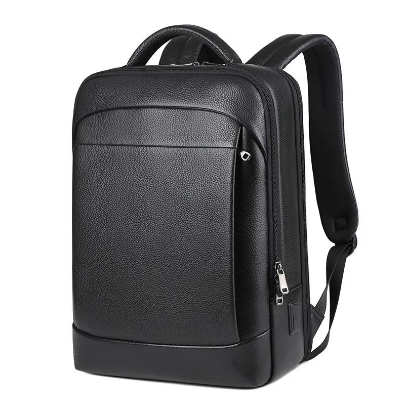 100% sac à dos en cuir véritable hommes 15.6 pouces sac à dos pour ordinateur portable USB Charge an