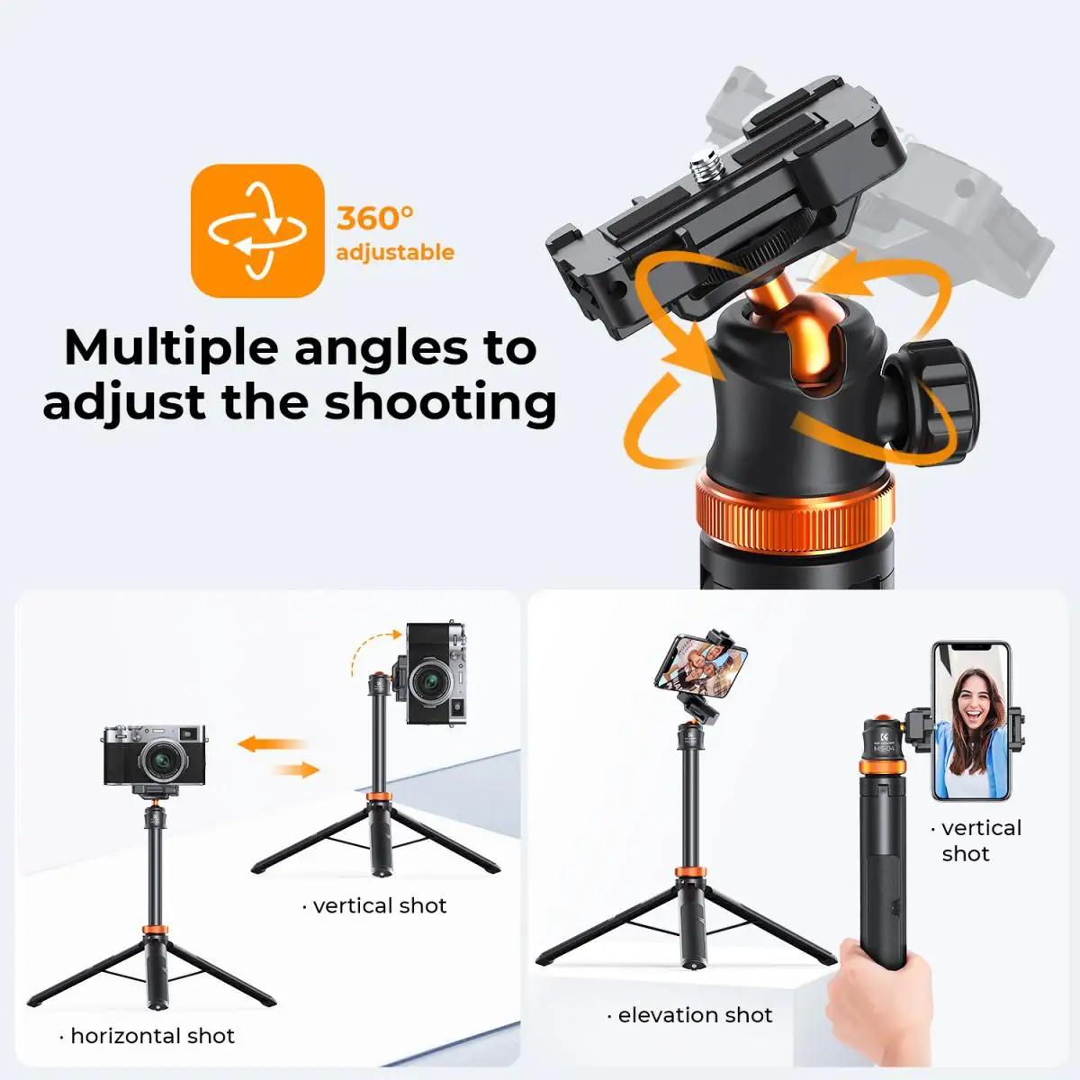 K&F CONCEPT MS08 Trépied pour téléphone portable 62''/1,58 m, bâton à selfie noir et orange avec tél
