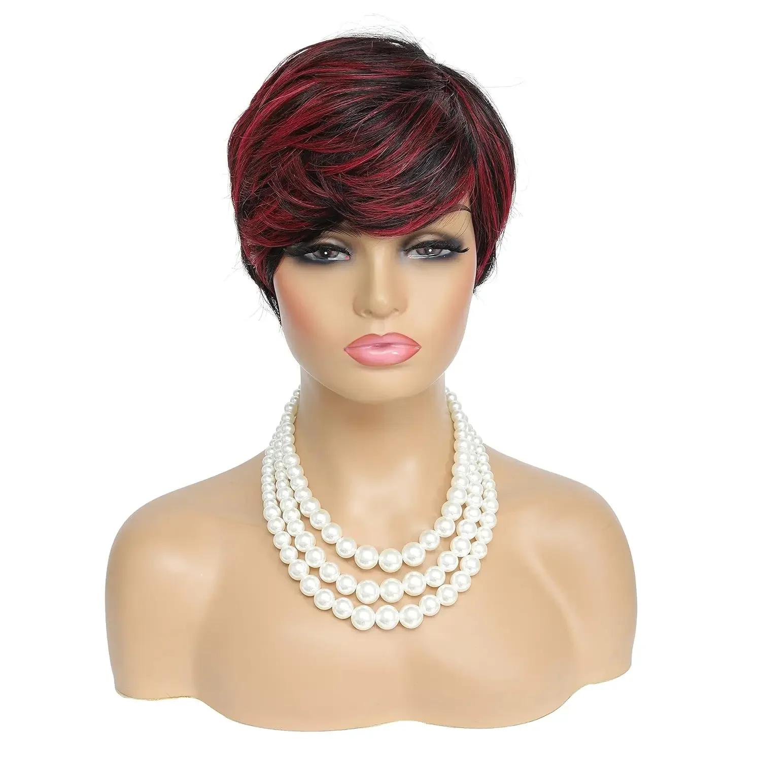 Perruque coupe pour femmes noires perruque coupe courte noir mélangé avec perruques bouclées rouges