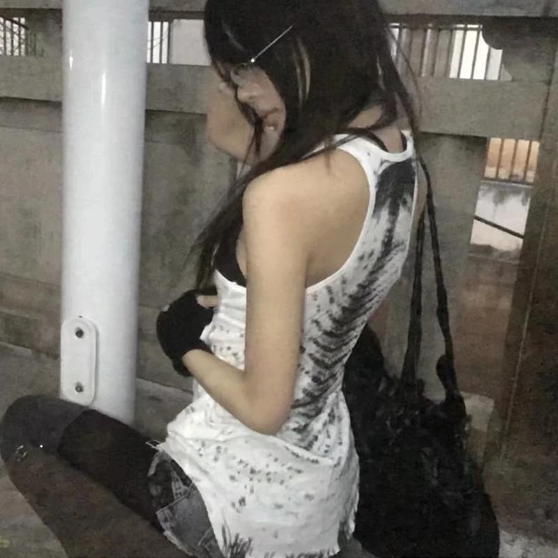 Karrcat Grunge Esthétique Tie Dye Débardeur Trashy 2000s Style Long Débardeur Japonais Y2k Haut Sans