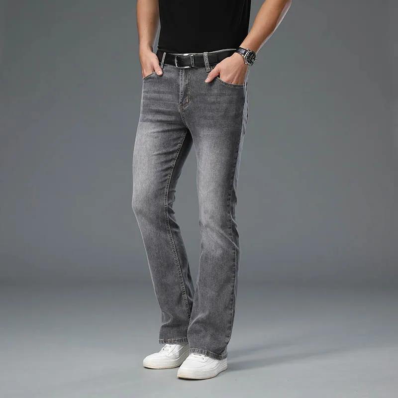 Jeans évasés en denim pour hommes, jeans stretch taille mi-haute pour hommes, jeans gris
