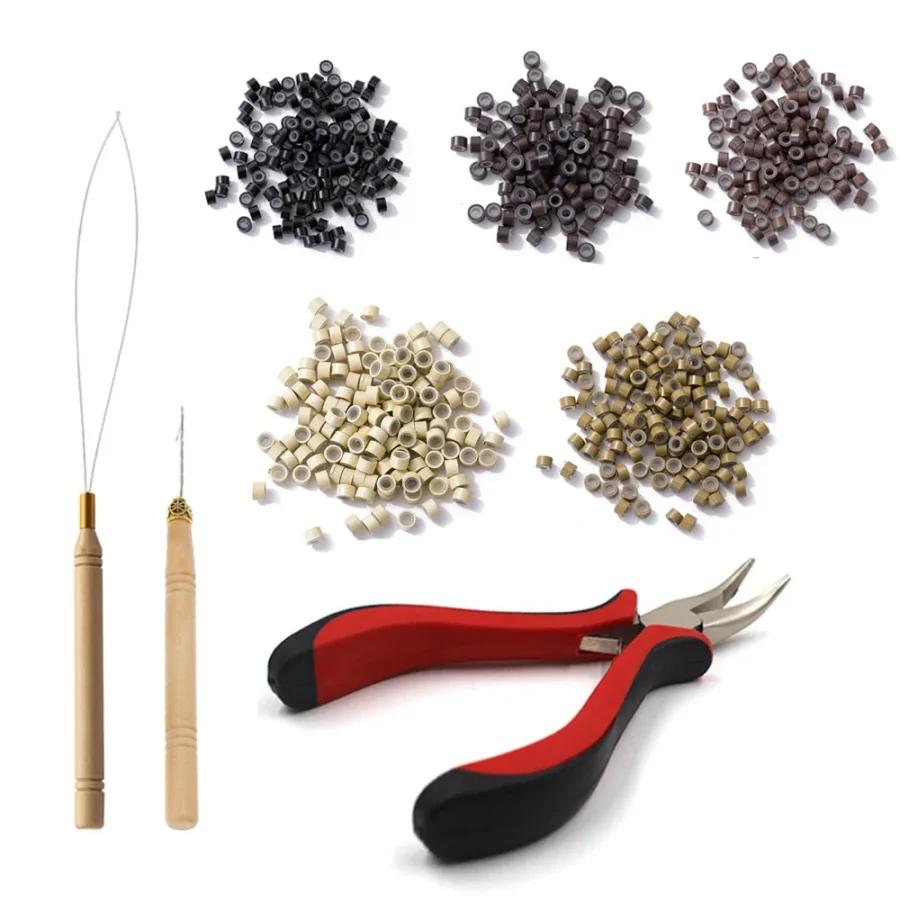 Kit d'extensions de cheveux, enfileur, crochet de traction, pinces et 100 anneaux en silicone, un en