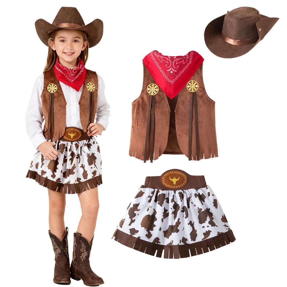 Ensemble de costume de cow-boy pour filles, tenue de déguisement sur le thème western avec veste, ju