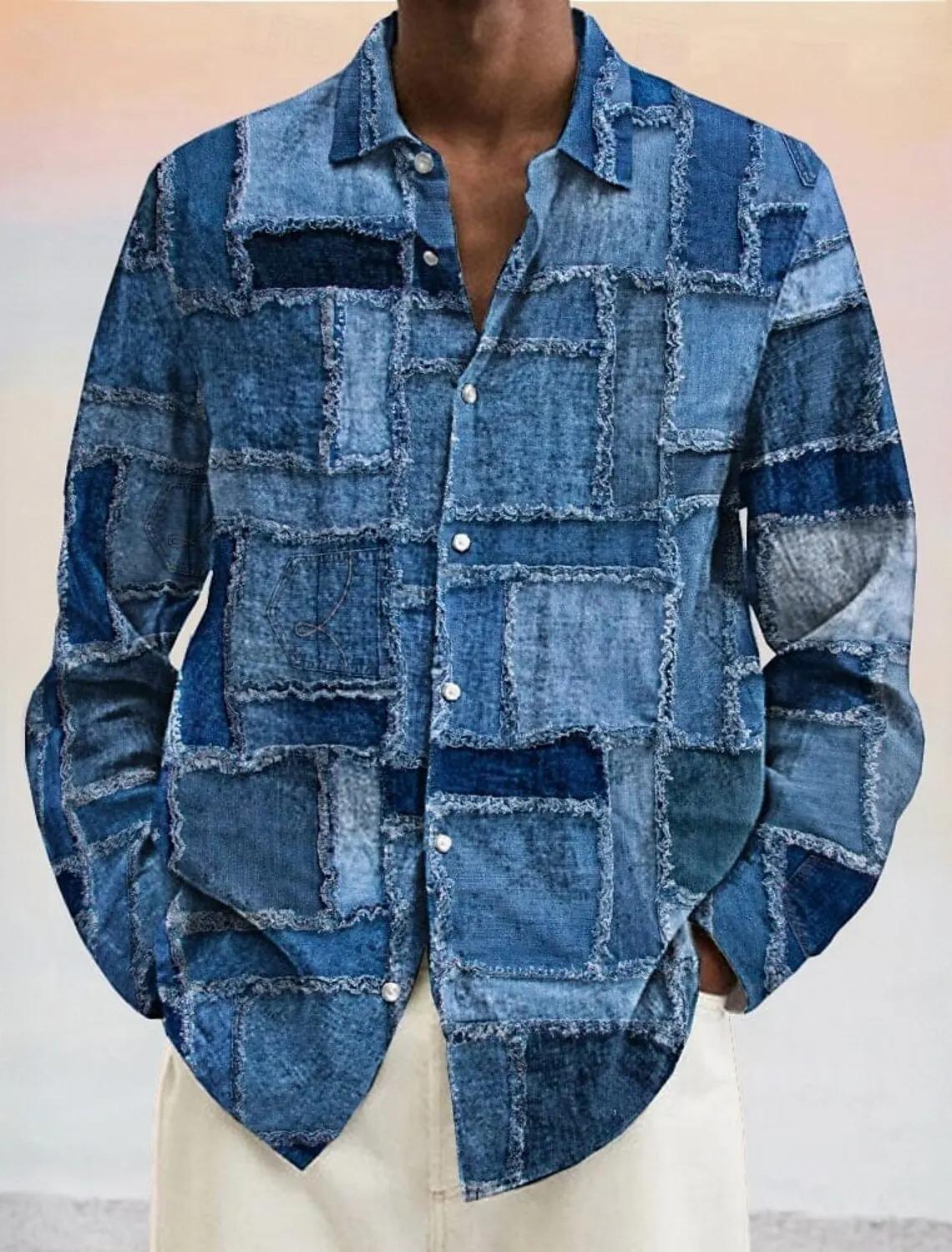 Chemise bloc de couleur géométrique pour hommes chemise boutonnée à manches longues mode décontracté