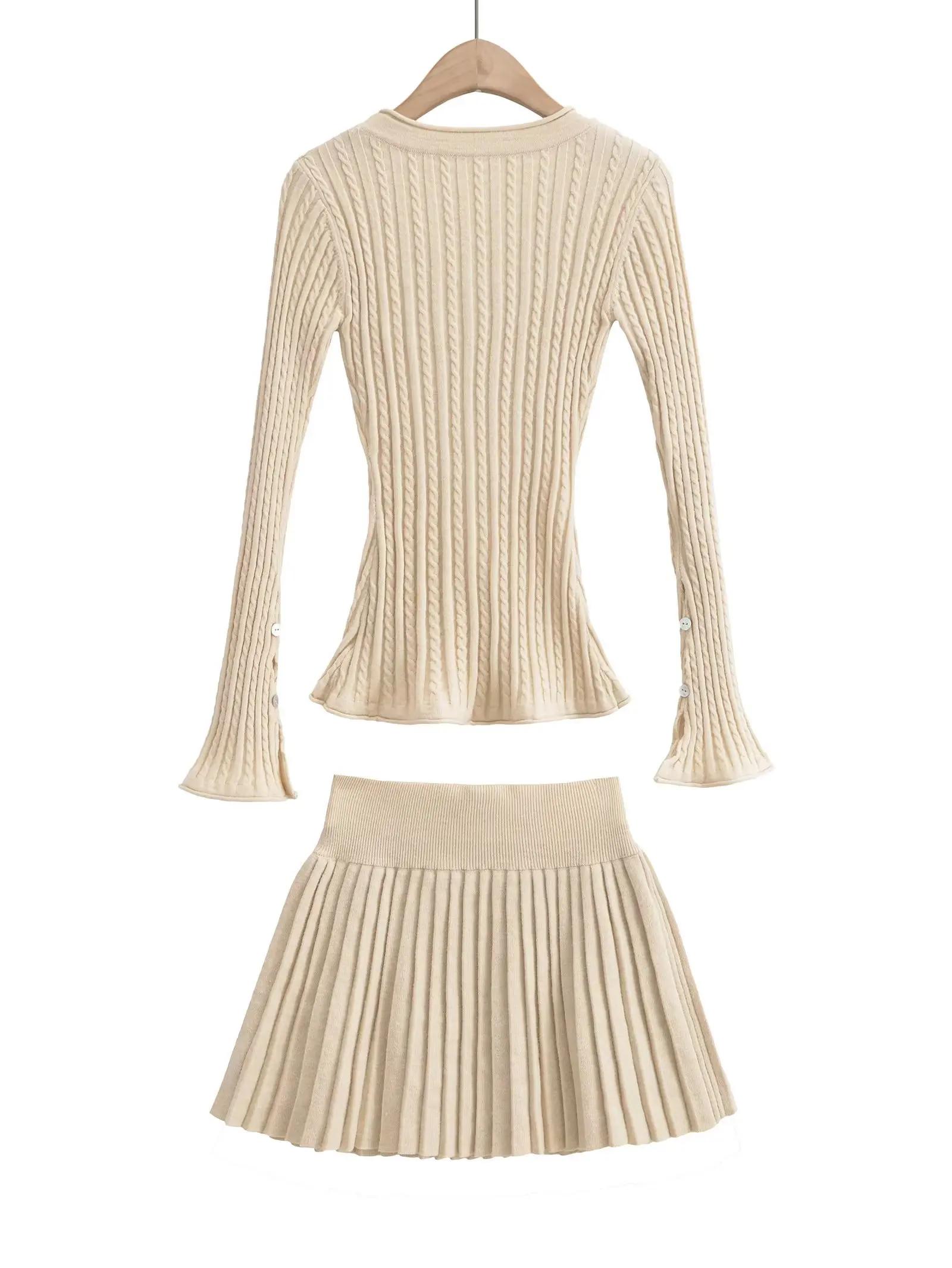 Cardigan en tricot torsadé à col en V pour femmes, taille élastique, mini jupe plissée, olympiques a
