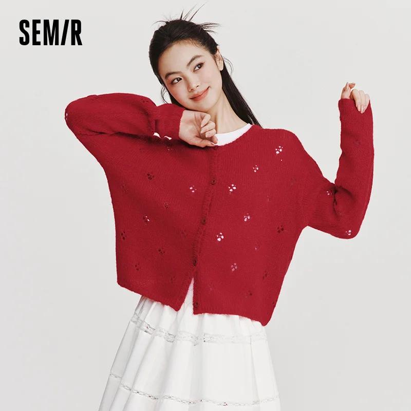Cardigan rouge pour femme Semir, collection Printemps 2026, col rond ajouré, style décontracté et co