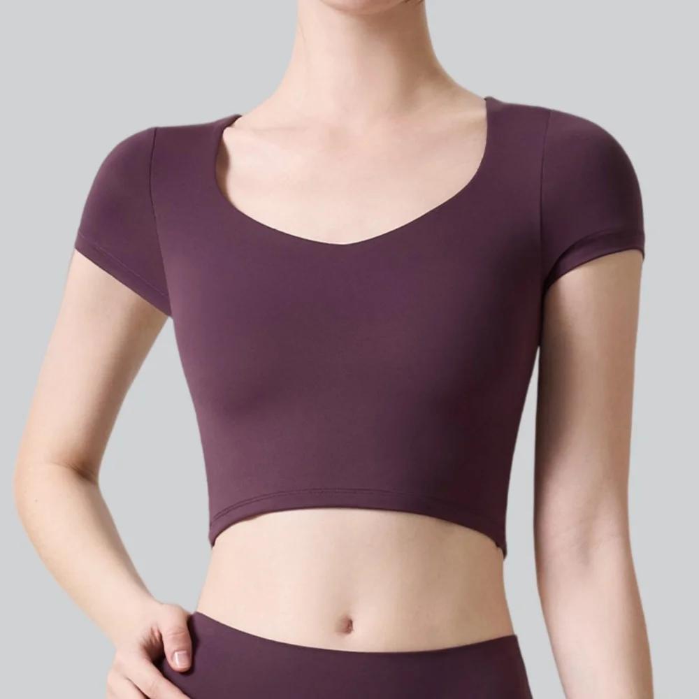 Haut de yoga pour femmes avec coussinets de poitrine, vêtements de fitness pour Pilates, t-shirt de