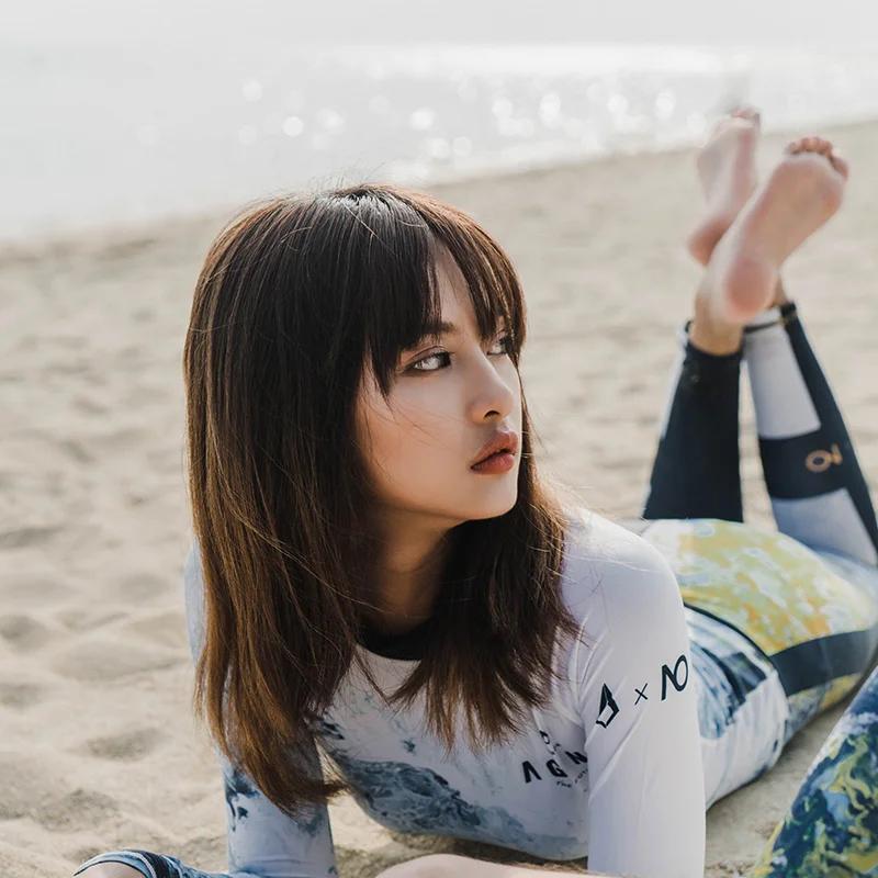 Nu-juin femmes à manches longues maillot de bain Rashguard imprimé surf haut chemise de plongée séch