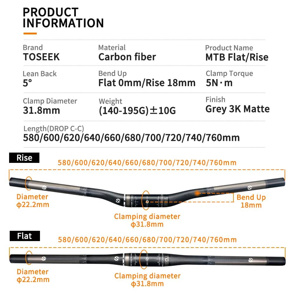 TOSEEK – guidon plat ou montant en carbone pour vtt, 31.8x580/600/620/640/660/680/700/720/740/760//m