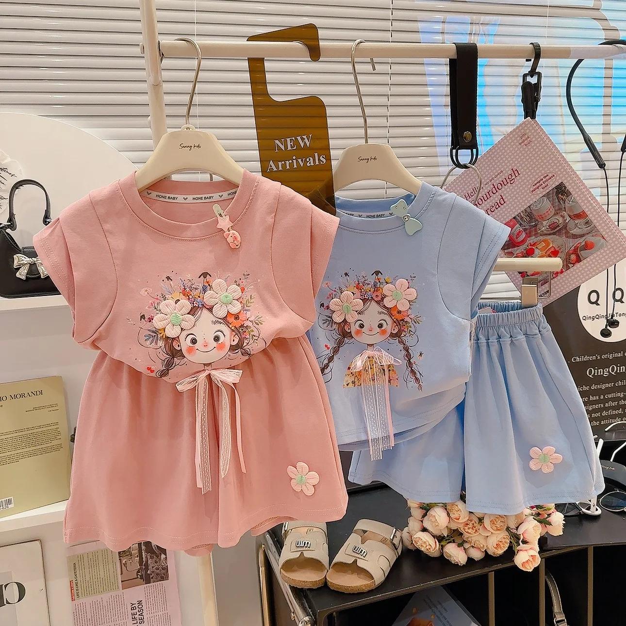 Ensemble 2 pièces t-shirt et short décontractés d'été pour filles, vêtements d'extérieur pour enfant