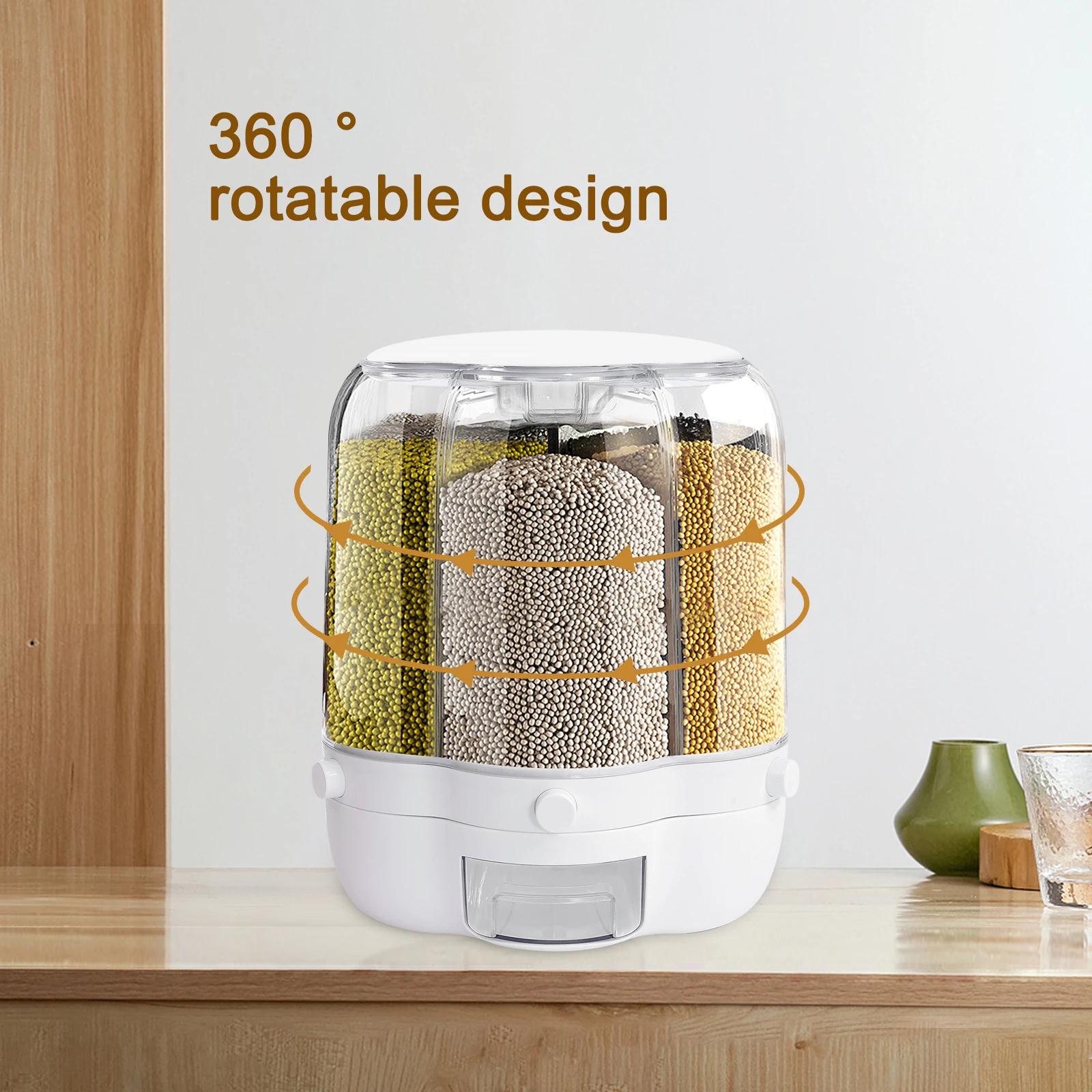 Distributeur Rotatif de Riz à 6 Grilles, Récipient de Rangement pour Grains Entiers, avec Couvercle,