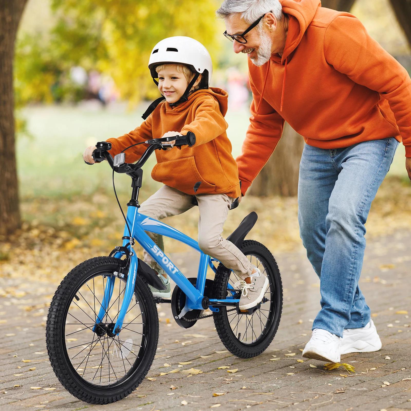 Vélo de 18 Pouces pour Enfant Fille et Garçon, Bleu, avec Roues d'Entraînement, pour les 5 à 10 Ans
