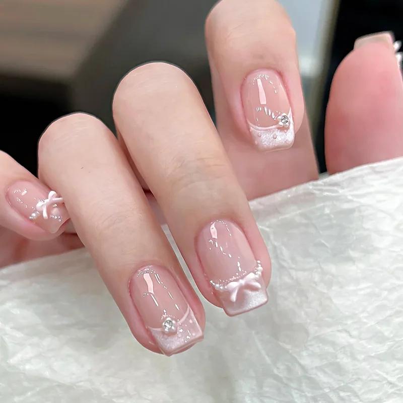 Faux ongles français détachables à pression courte, strass Y2k, avec colle, pour Ballet, doux et Coo