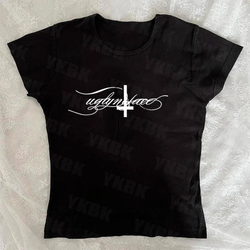 Lettre croix imprimé bretelles décontracté streetwear harajuku grunge punk Y2K crop hauts chic sexy