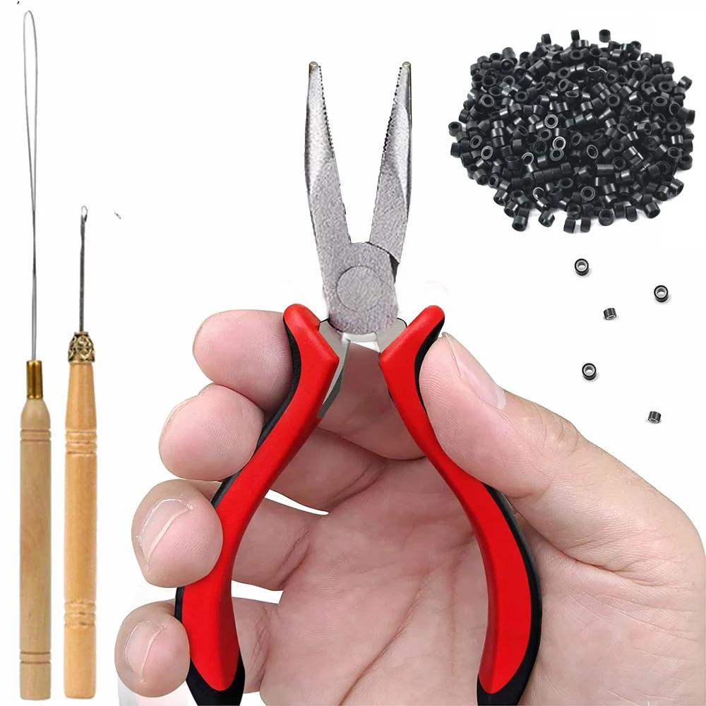 Kit d'extensions de cheveux, enfileur, crochet de traction, pinces et 100 anneaux en silicone, un en