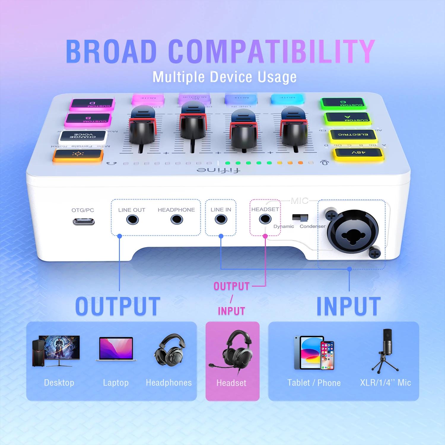 Mélangeur USB de jeu FIFINE avec 4 canaux/interface Microphone XLR/RGB, mélangeur de son pour jeu Po